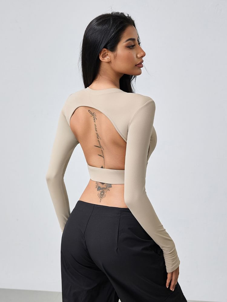 Backless Crop T-Shirt Round Neck Long Sleeve