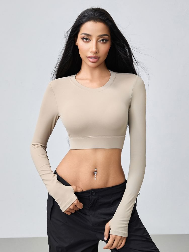 Backless Crop T-Shirt Round Neck Long Sleeve