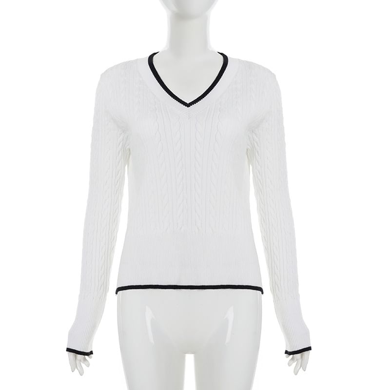 Contrast Trim Cable Knit V-Neck Sweater