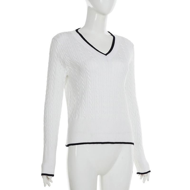 Contrast Trim Cable Knit V-Neck Sweater