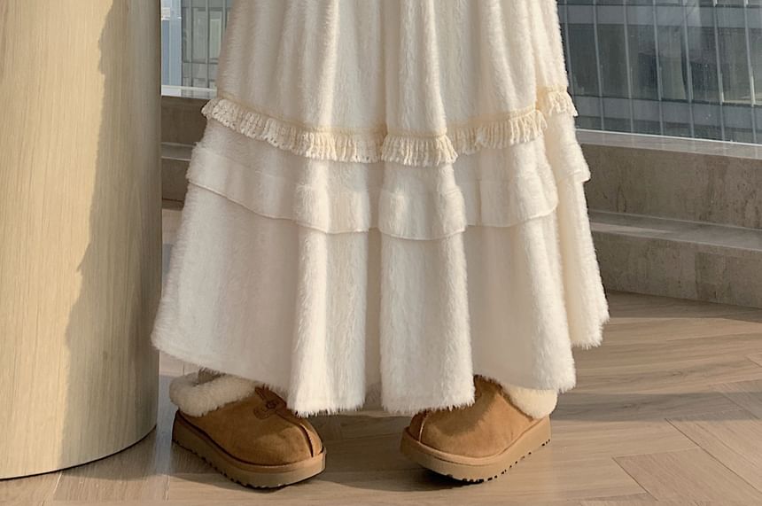 Ruffle Trim Maxi A-Line Skirt with Elastic Waist