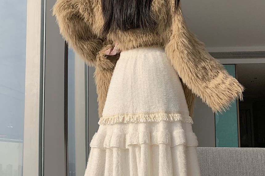 Ruffle Trim Maxi A-Line Skirt with Elastic Waist