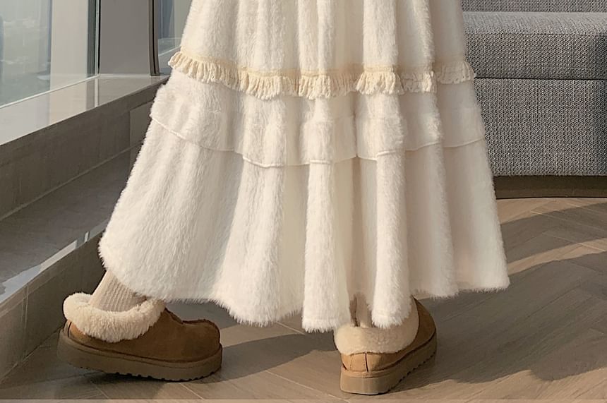Ruffle Trim Maxi A-Line Skirt with Elastic Waist