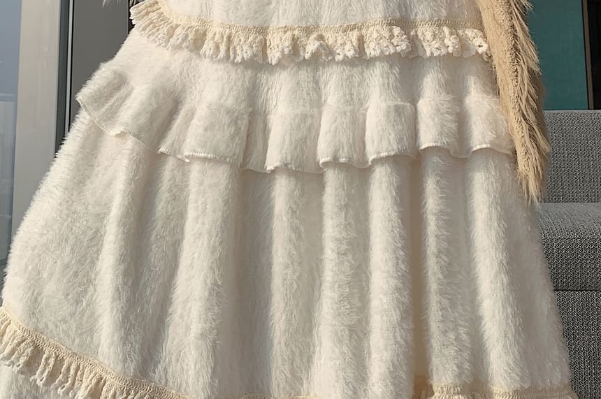 Ruffle Trim Maxi A-Line Skirt with Elastic Waist