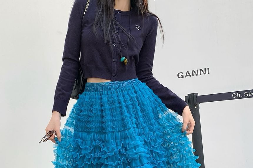 High Waist Plain Midi A-Line Ruffled Mesh Skirt