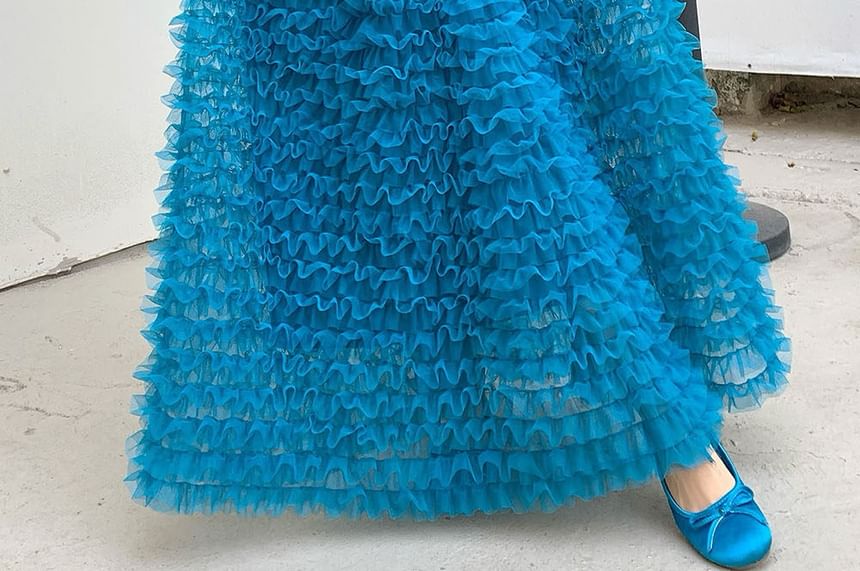 High Waist Plain Midi A-Line Ruffled Mesh Skirt