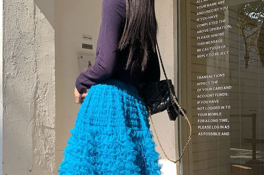High Waist Plain Midi A-Line Ruffled Mesh Skirt