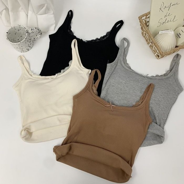 Padded Crop Camisole with Lace Trim