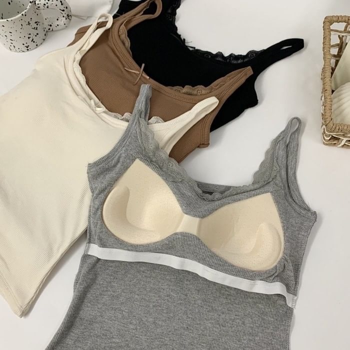 Padded Crop Camisole with Lace Trim