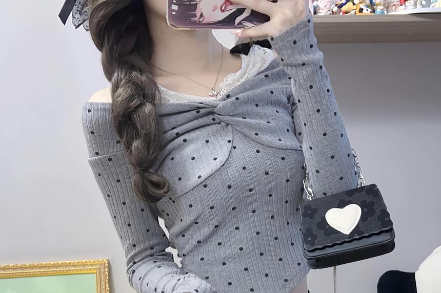 Polka Dot Lace Panel Crop Top with Cold Shoulder