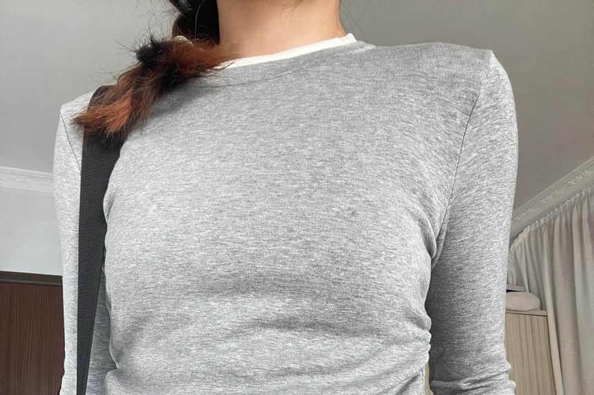 Two Tone Ruched Tee with Crew Neck