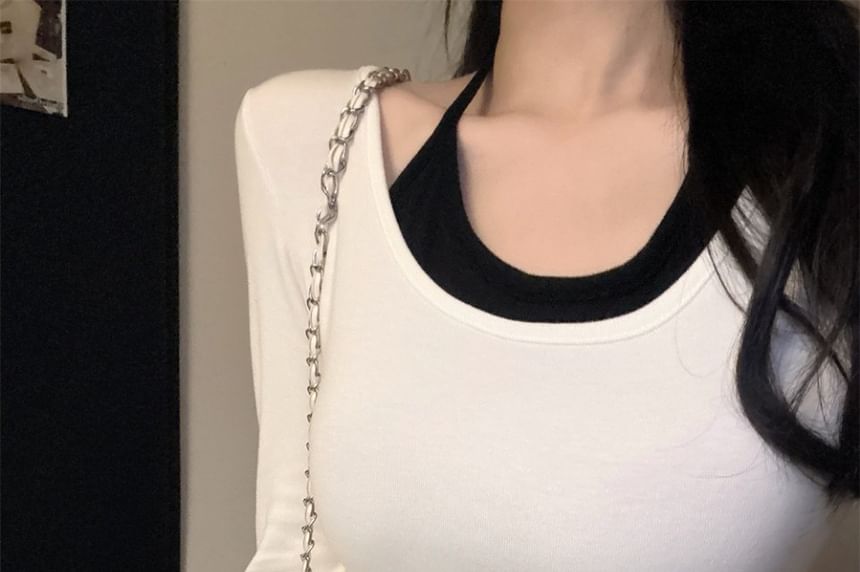 Two Tone Padded Crop Top with Halter Neck
