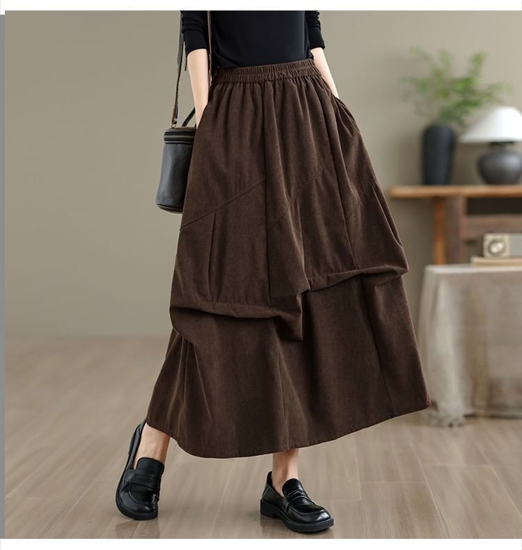 Elastic Waist Plain Ruched Corduroy Midi A-Line Skirt