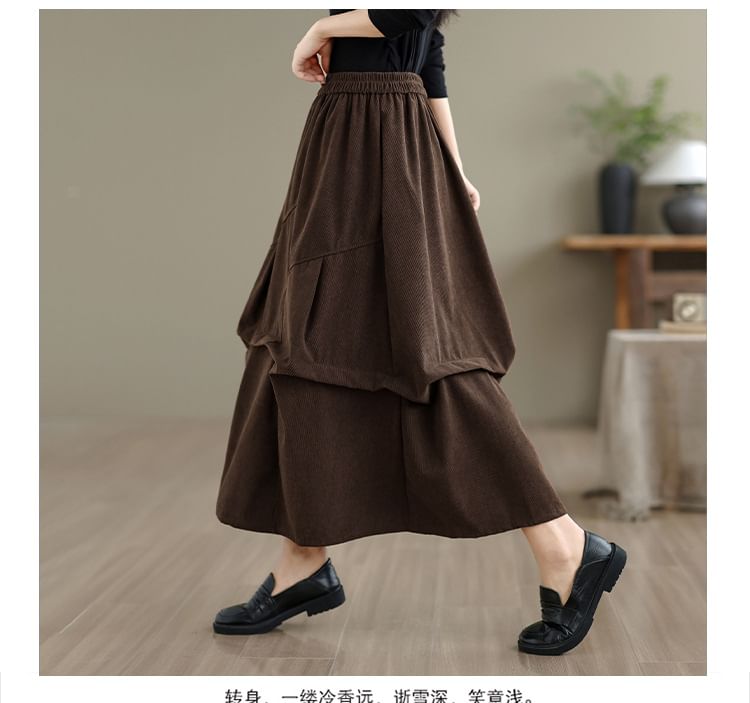 Elastic Waist Plain Ruched Corduroy Midi A-Line Skirt