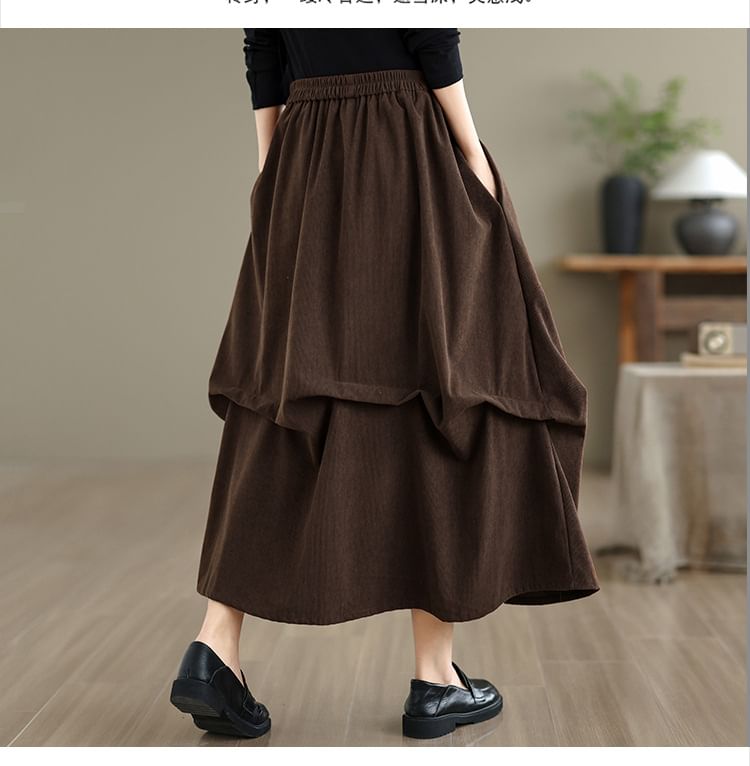 Elastic Waist Plain Ruched Corduroy Midi A-Line Skirt