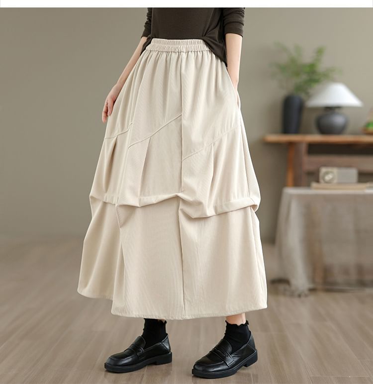 Elastic Waist Plain Ruched Corduroy Midi A-Line Skirt