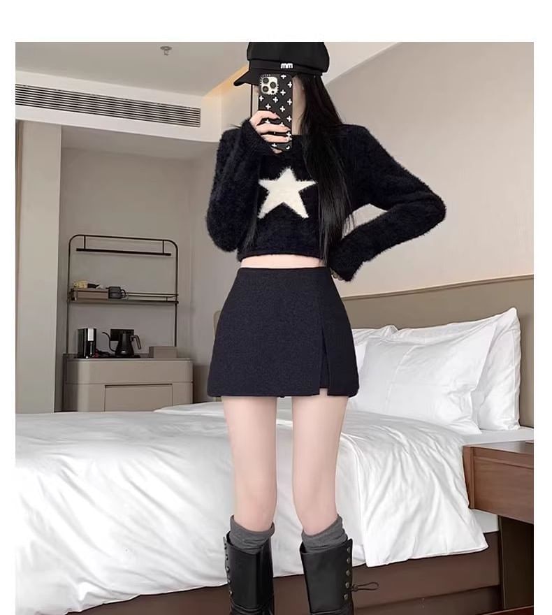 High Waist Plain Slit Mini A-Line Skirt