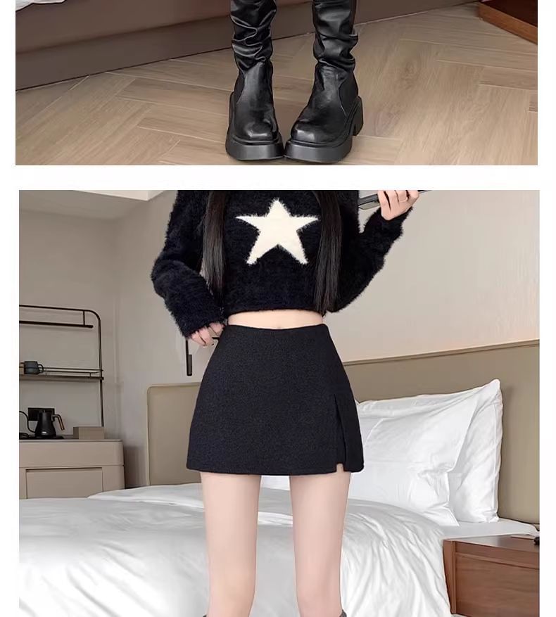High Waist Plain Slit Mini A-Line Skirt