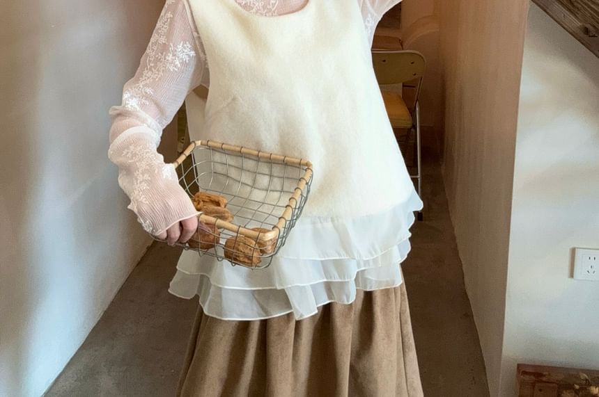 Lace Top and Faux Suede Midi Skirt Set with Ruffle Vest