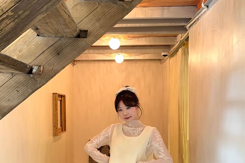Lace Top and Faux Suede Midi Skirt Set with Ruffle Vest