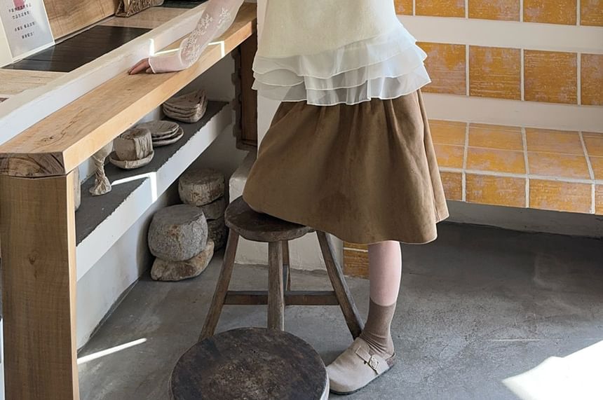 Lace Top and Faux Suede Midi Skirt Set with Ruffle Vest