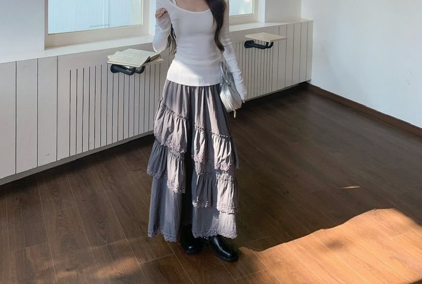 Lace Trim Midi A-Line Skirt with Cold-Shoulder Top