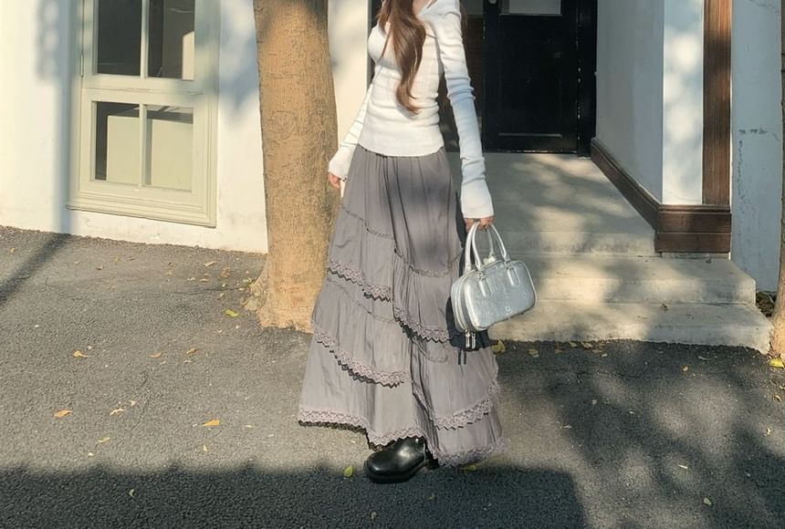 Lace Trim Midi A-Line Skirt with Cold-Shoulder Top