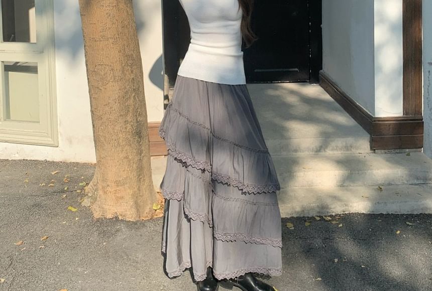 Lace Trim Midi A-Line Skirt with Cold-Shoulder Top