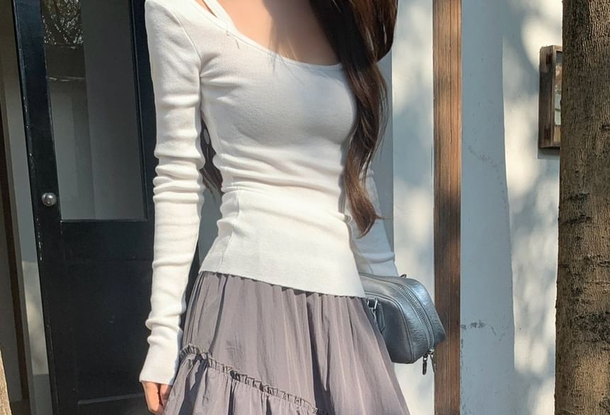 Lace Trim Midi A-Line Skirt with Cold-Shoulder Top