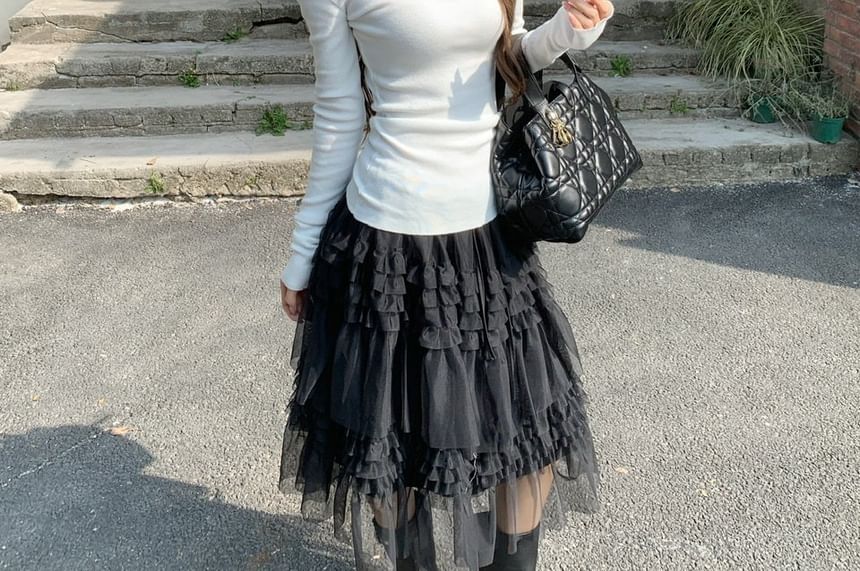 Cold-Shoulder T-Shirt and Ruffled Midi Skirt Set