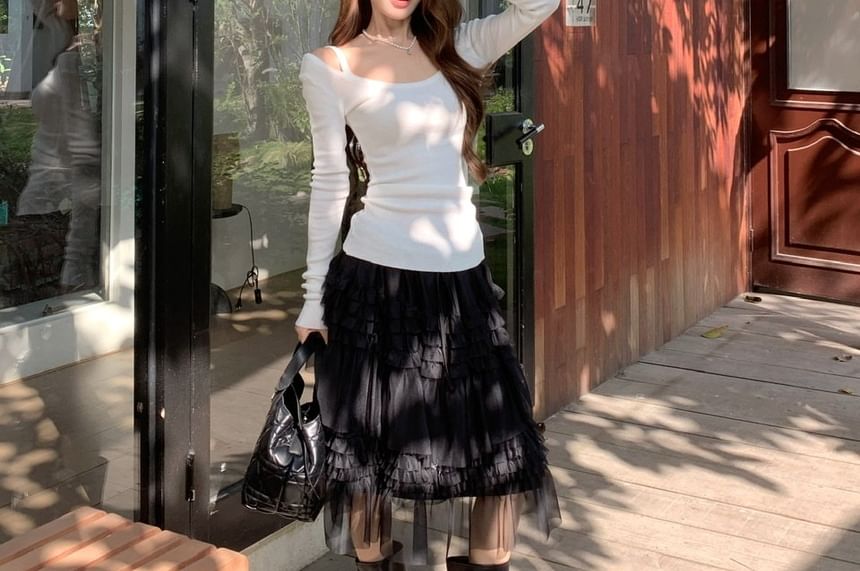 Cold-Shoulder T-Shirt and Ruffled Midi Skirt Set