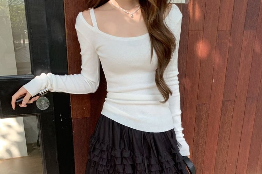 Cold-Shoulder T-Shirt and Ruffled Midi Skirt Set