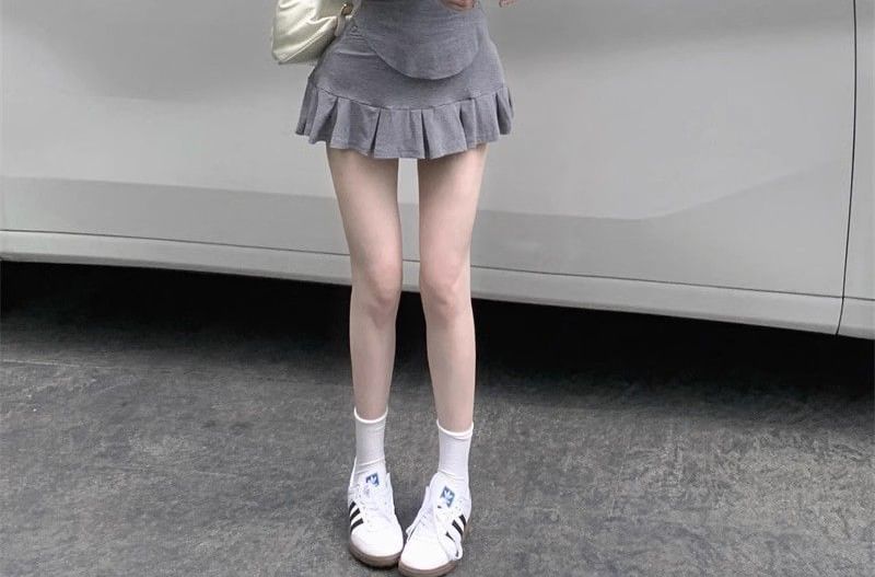 V-Neck Collared Slim Fit Crop Tee & High Waist Pleated Mini Skirt Set