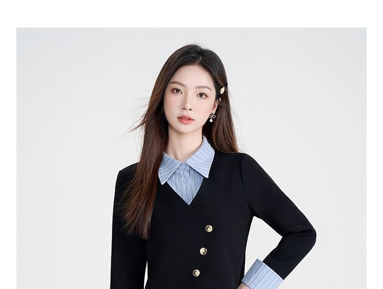 Striped Panel Button-Up Blouse & High Waist Plain Midi A-Line Skirt Set