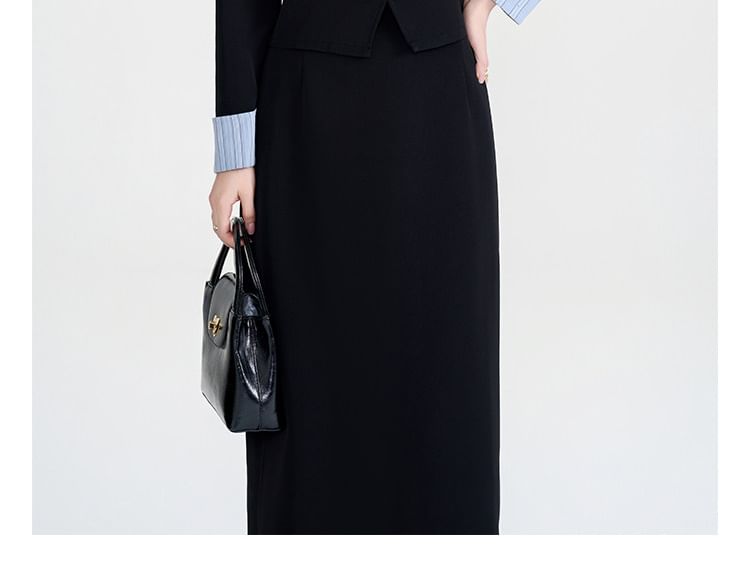 Striped Panel Button-Up Blouse & High Waist Plain Midi A-Line Skirt Set