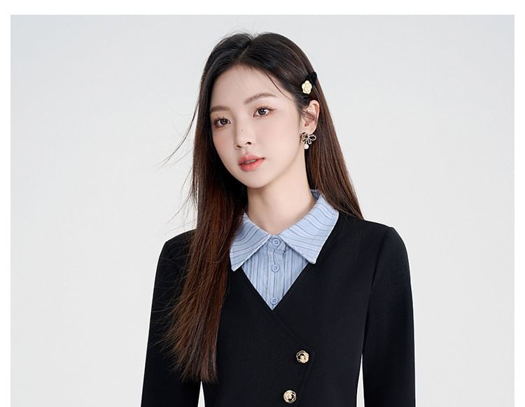 Striped Panel Button-Up Blouse & High Waist Plain Midi A-Line Skirt Set