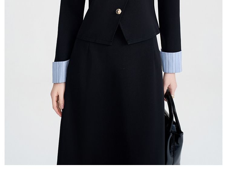 Striped Panel Button-Up Blouse & High Waist Plain Midi A-Line Skirt Set