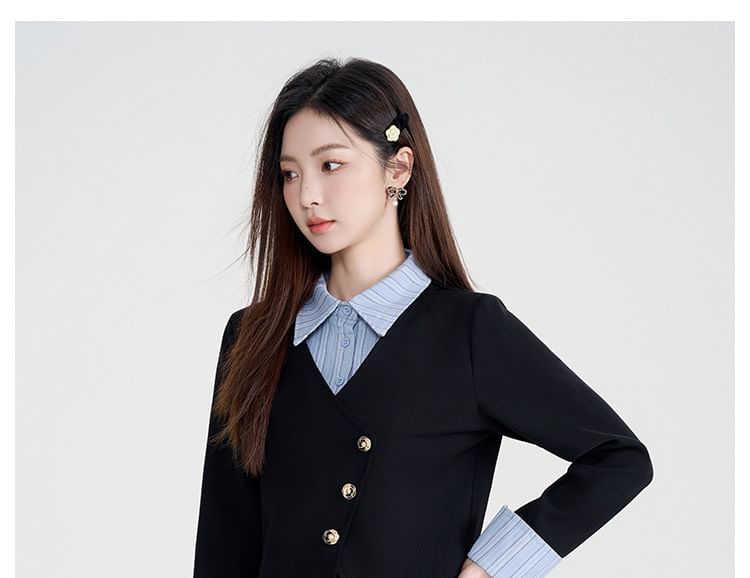 Striped Panel Button-Up Blouse & High Waist Plain Midi A-Line Skirt Set