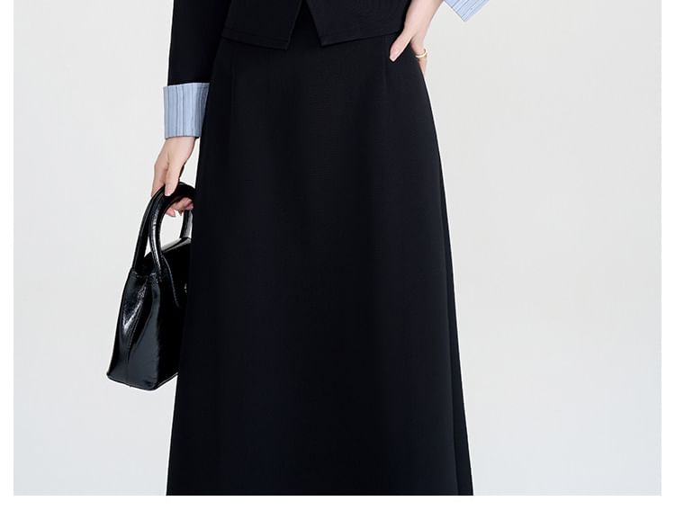 Striped Panel Button-Up Blouse & High Waist Plain Midi A-Line Skirt Set