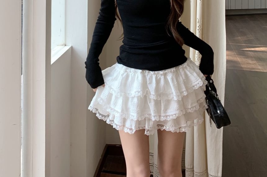 Tiered Lace Trim Mini A-Line Skirt with High Waist
