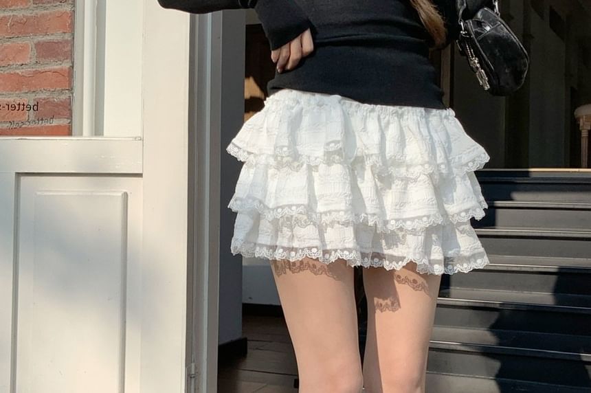 Tiered Lace Trim Mini A-Line Skirt with High Waist