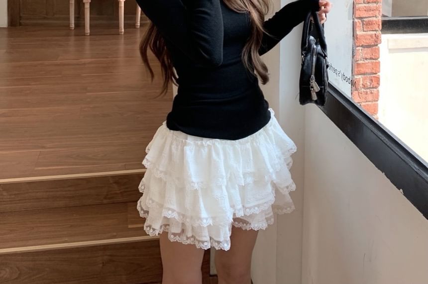 Tiered Lace Trim Mini A-Line Skirt with High Waist