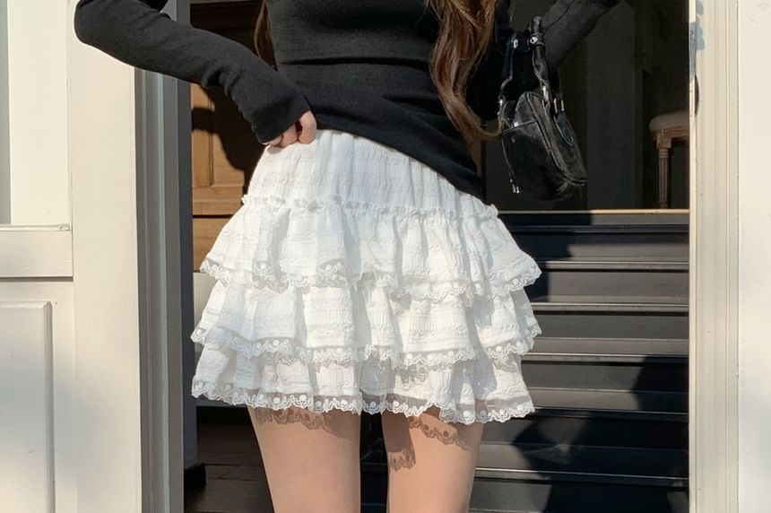 Tiered Lace Trim Mini A-Line Skirt with High Waist