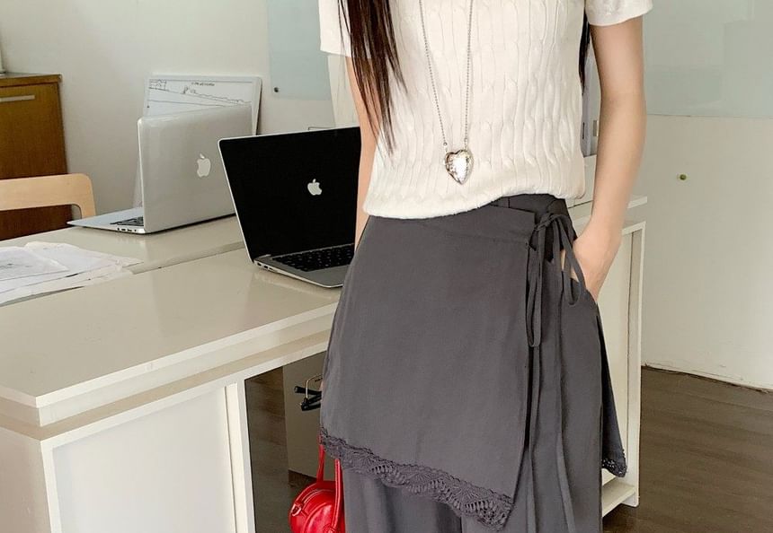 Wide Leg Pants and Lace Overlay Skirt Set - High Waist