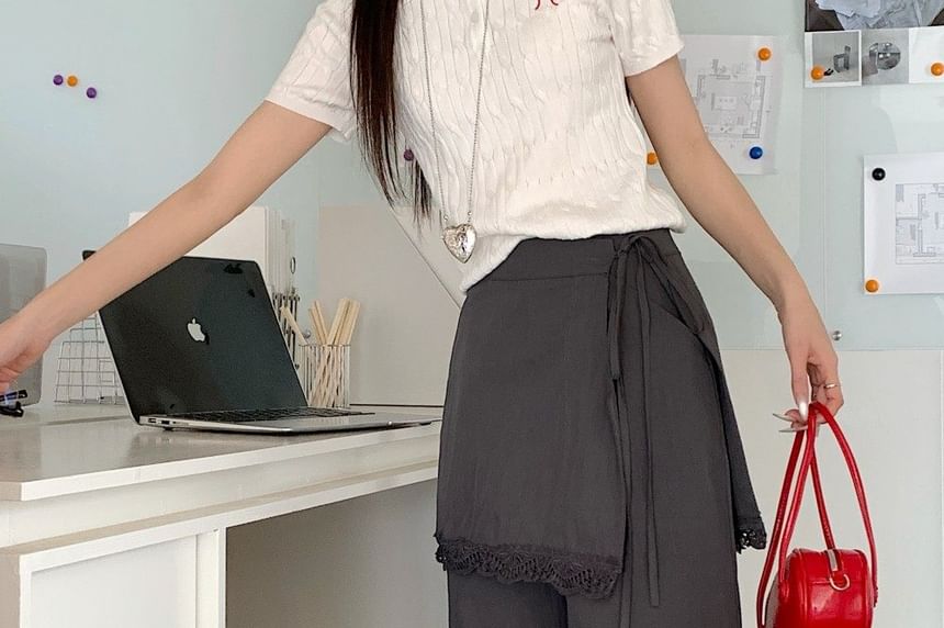 Wide Leg Pants and Lace Overlay Skirt Set - High Waist