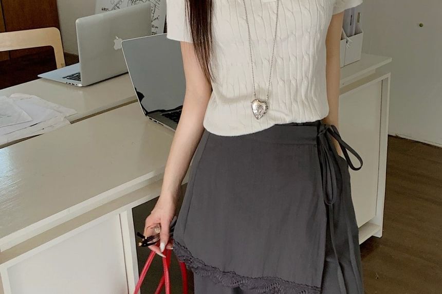Wide Leg Pants and Lace Overlay Skirt Set - High Waist