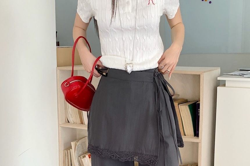 Wide Leg Pants and Lace Overlay Skirt Set - High Waist
