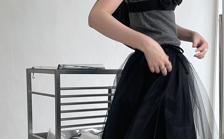 Elastic Waist Mesh A-Line Skirt - Plain Style