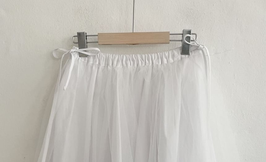 Elastic Waist Mesh A-Line Skirt - Plain Style