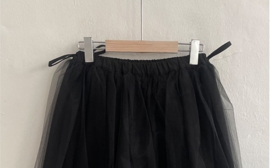 Elastic Waist Mesh A-Line Skirt - Plain Style